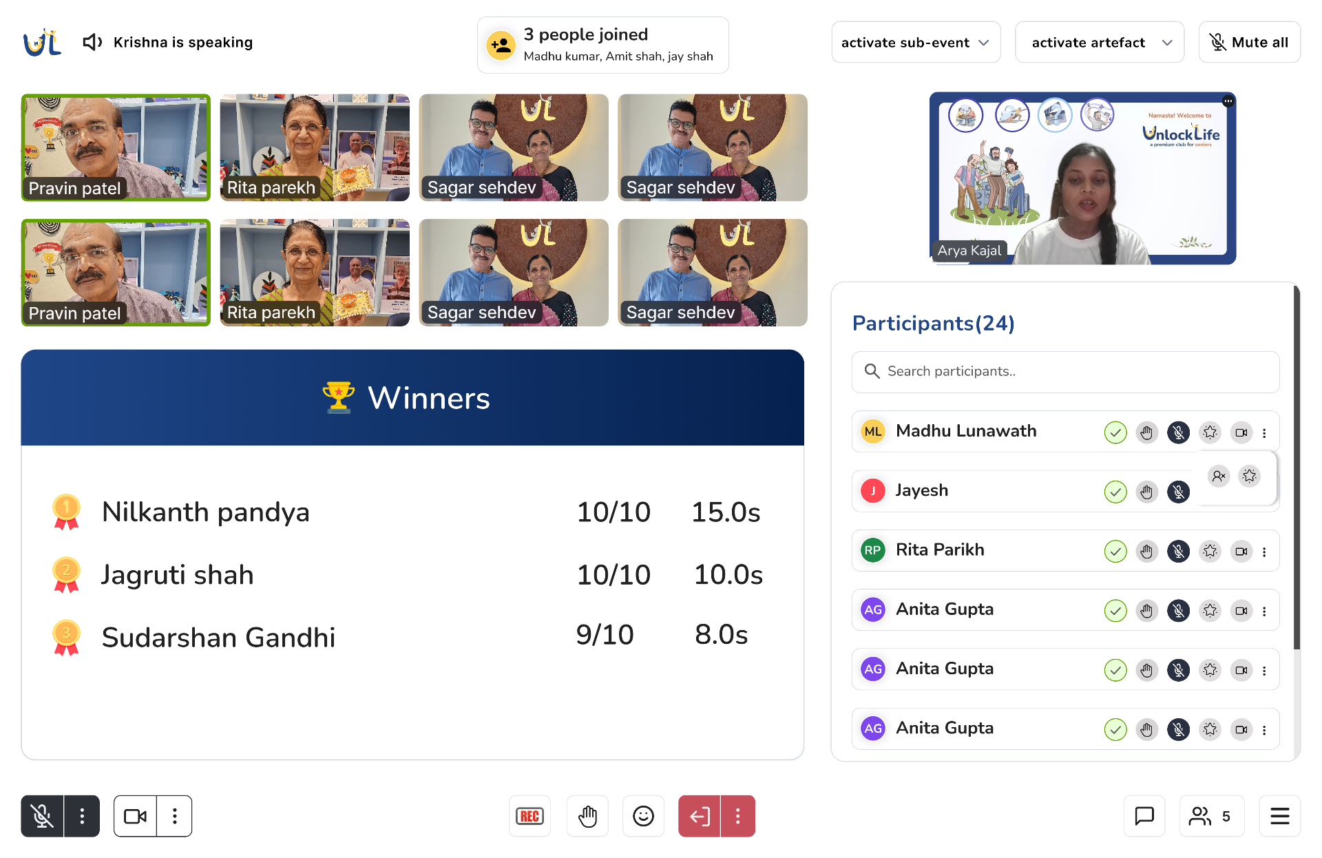 Host's call view with the Winners leaderboard showing the top 3 participants with scores and times