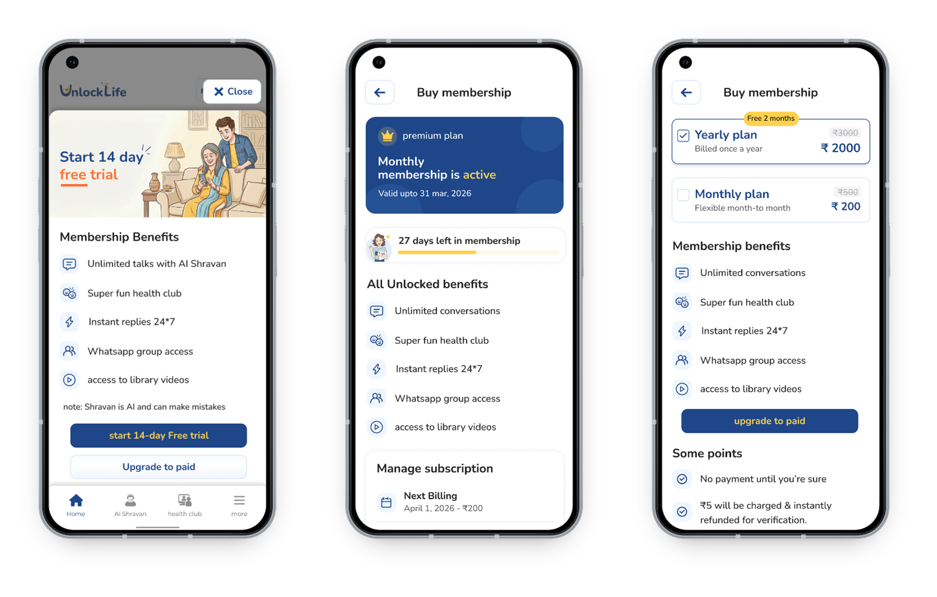 Membership screens: free trial, active membership, buy membership