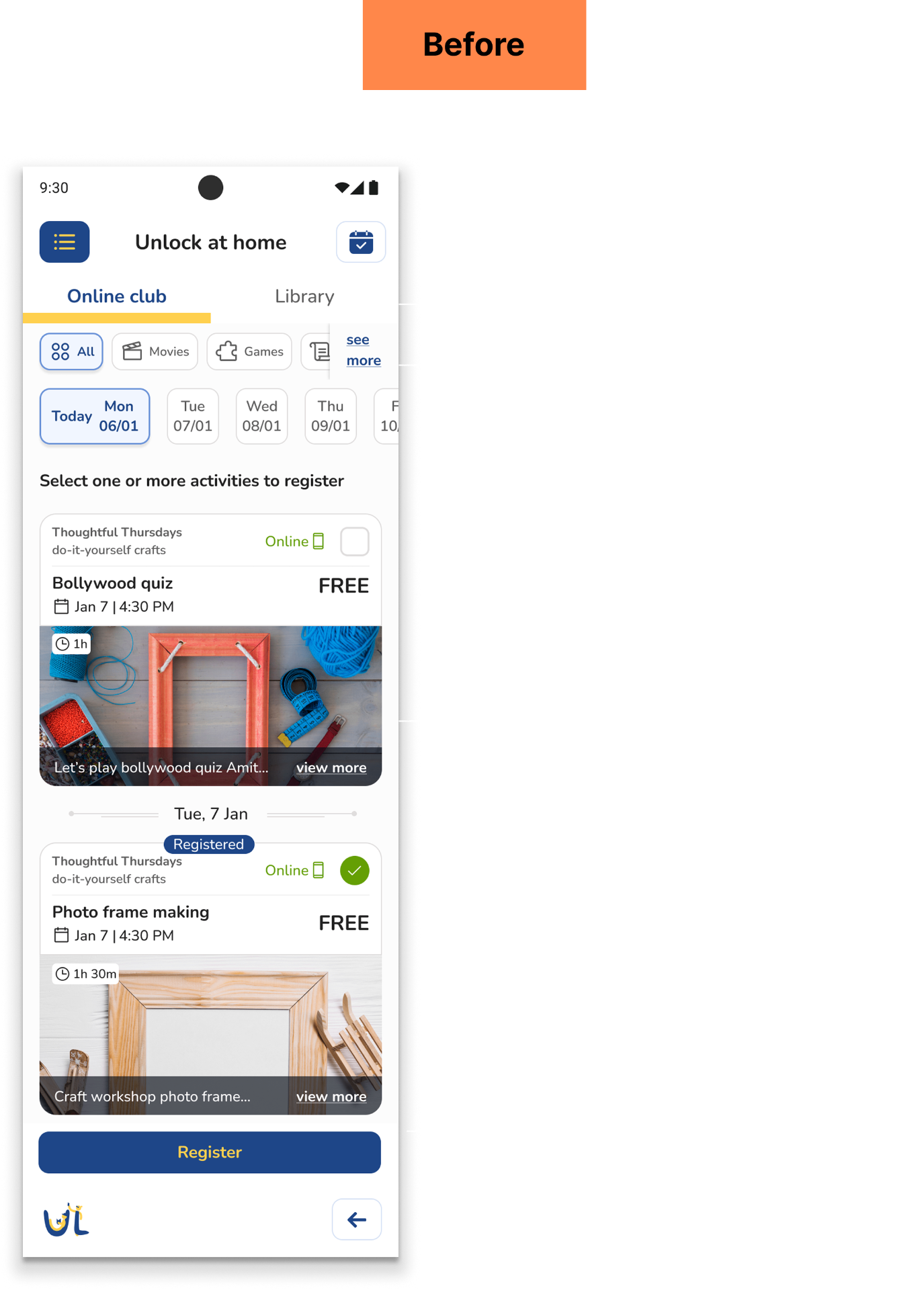 Old events page with annotations