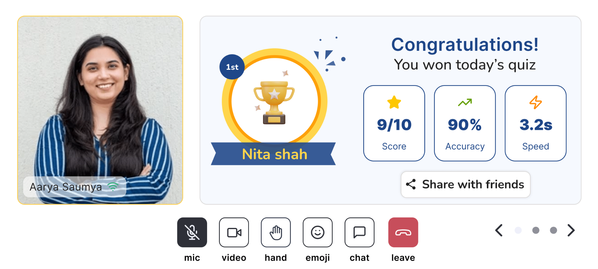 Participant's personal result card showing rank, trophy, score, accuracy and speed with a Share with friends button