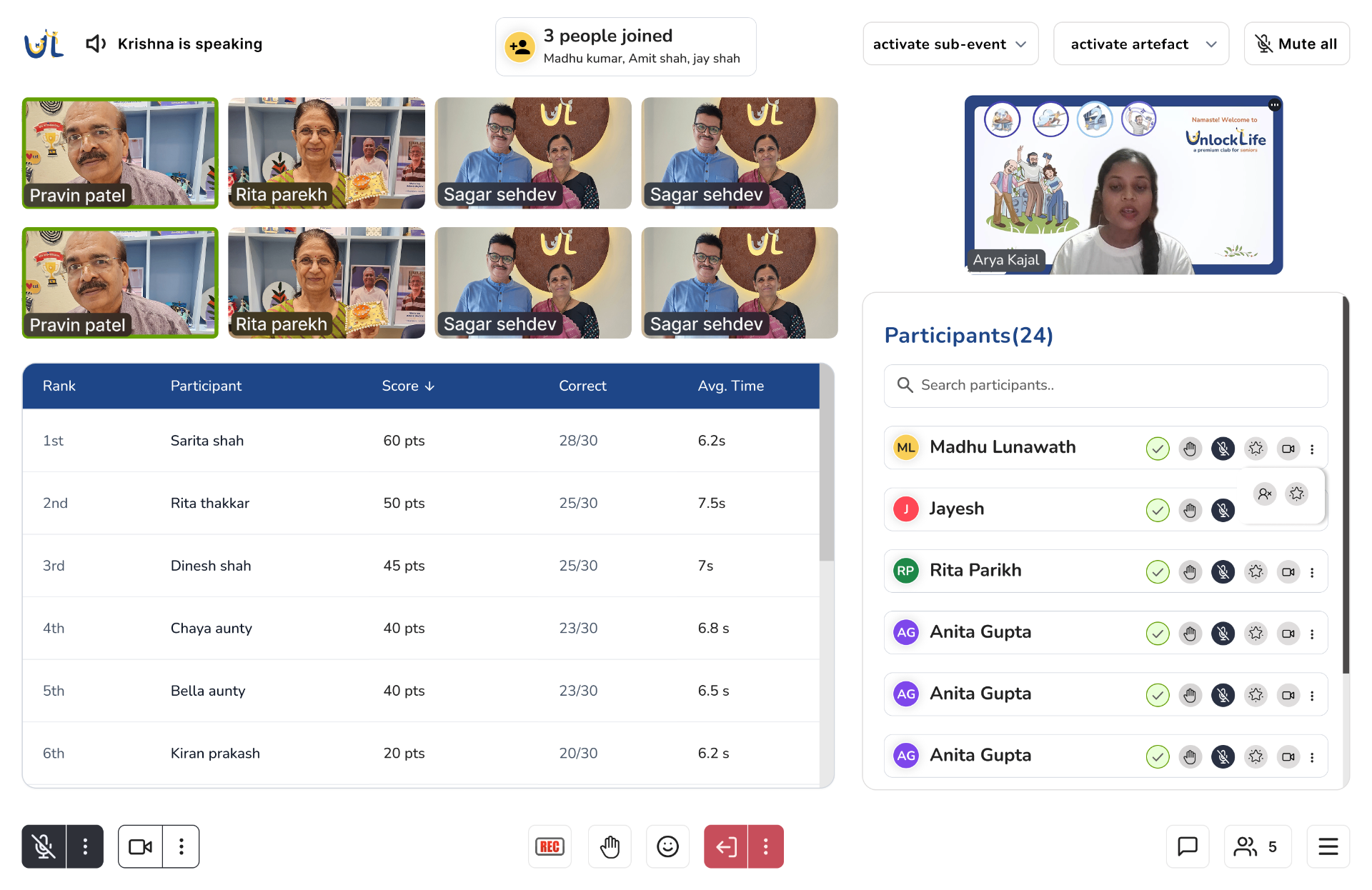 Host's call view with a live participant table showing rank, score, correct answers and average time