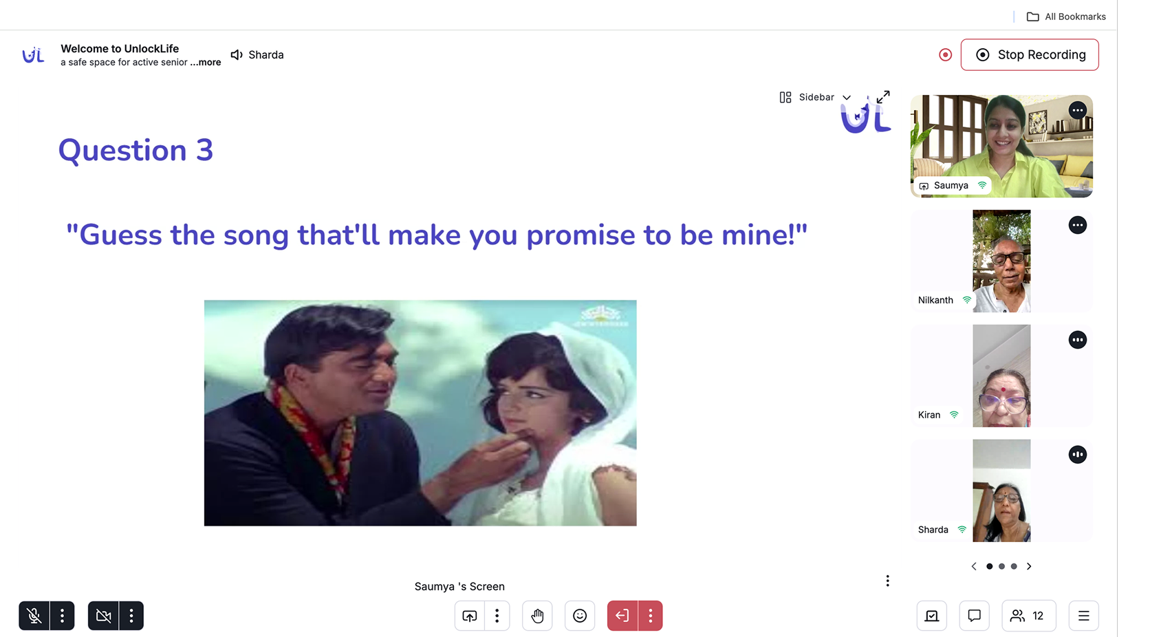 Live quiz screen shown during a 100ms group video call with seniors