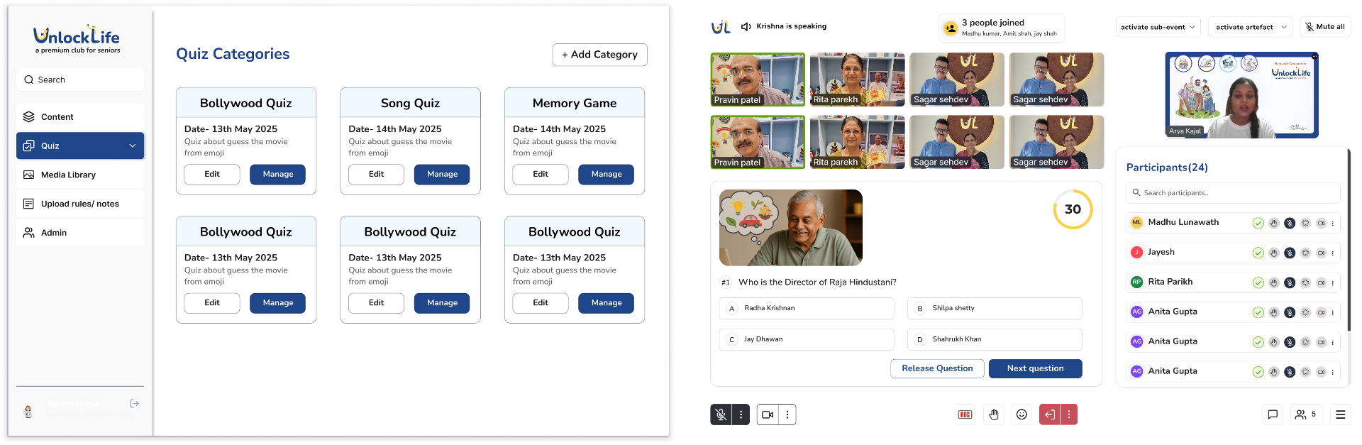 UnlockLife admin panel showing pre-seeded Quiz Categories on the left, and the host triggering a question live on the right