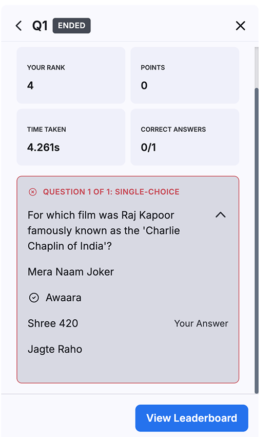 Individual quiz result screen showing rank, points and answers