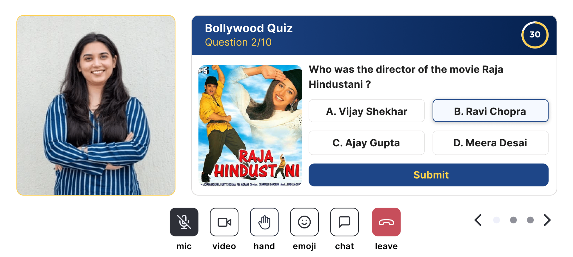Participant view of a Bollywood quiz question with the host's tile on the left, question, poster image, four tappable options and a 30-second countdown