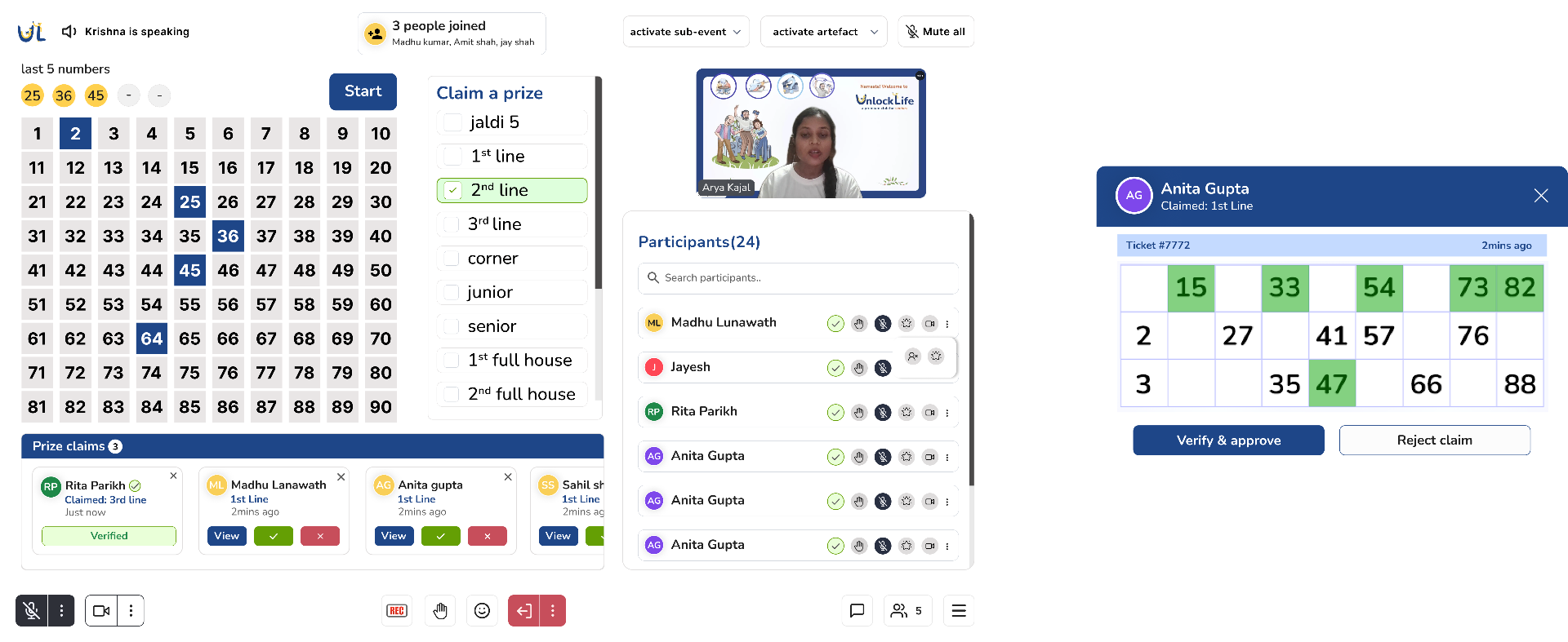 Host view of the Tambola board with last 5 numbers, full 1–90 grid, prize claim list and a one-tap claim verification panel
