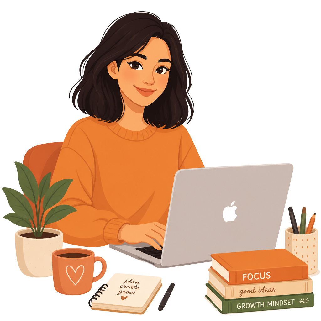 Illustration of Suchita working on a laptop